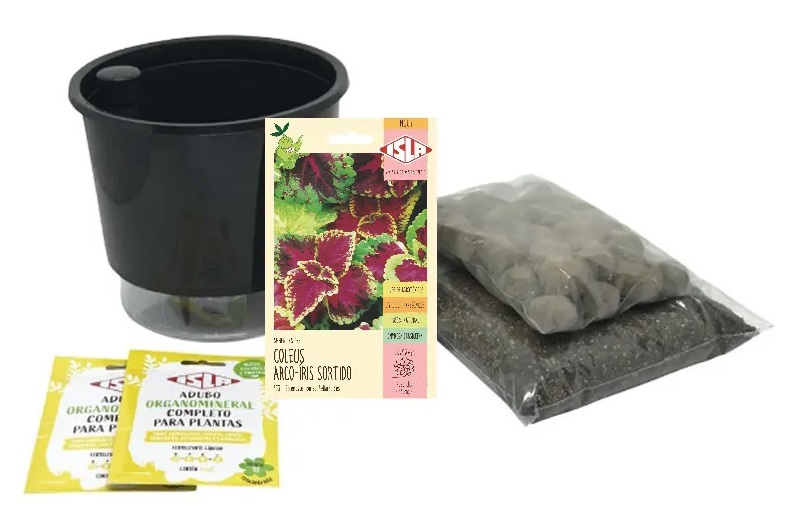 Kit completo para plantio de coleus: vaso autoirrigável Raiz, substrato, argila expandida e adubo organomineral completo para plantas.