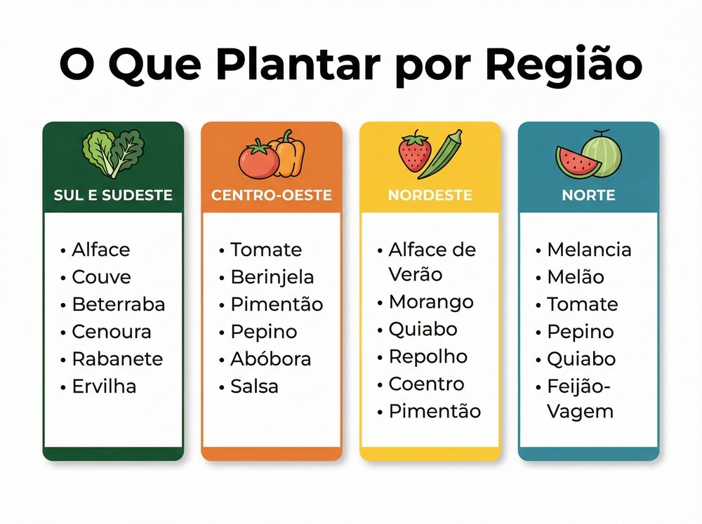 Infográfico colorido mostrando quais hortaliças e frutas plantar em cada região do Brasil no outono e inverno.