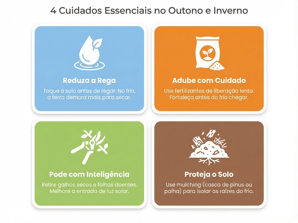 Infográfico com 4 cuidados essenciais para plantas no frio: rega, adubação, poda e proteção do solo.