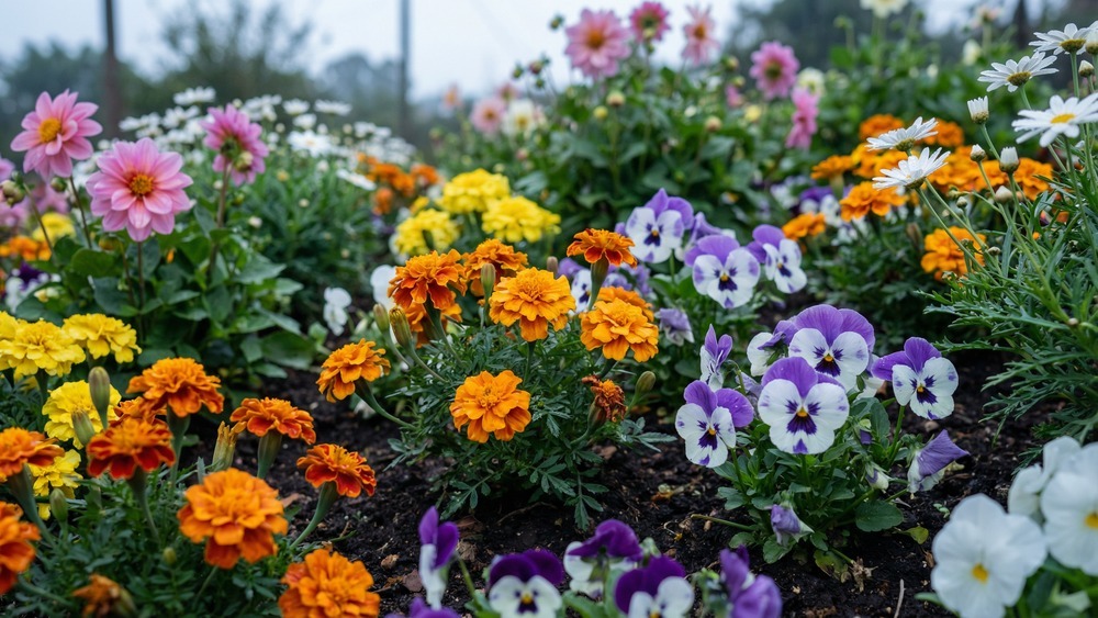 Canteiro florido com amores-perfeitos, calêndulas e dálias em um dia de inverno.