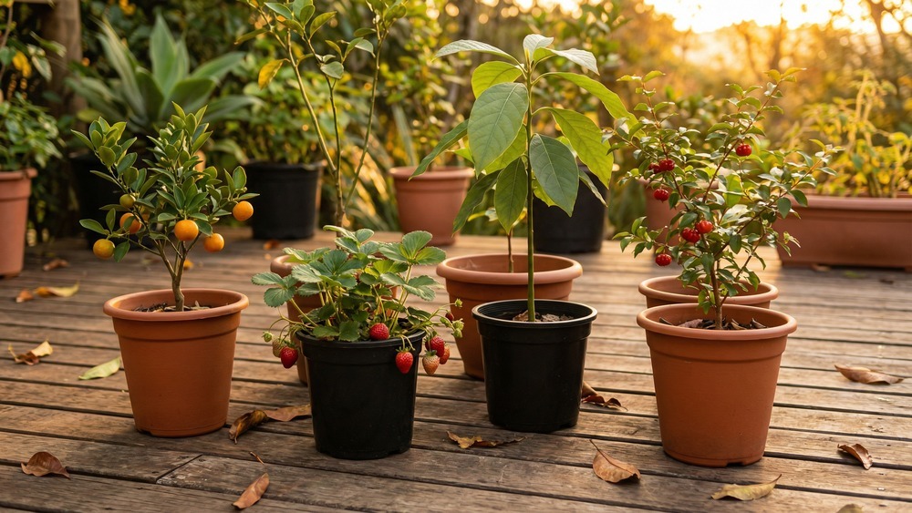 Mudas de árvores frutíferas como pitanga e morango cultivadas em vasos sobre um deck de madeira.