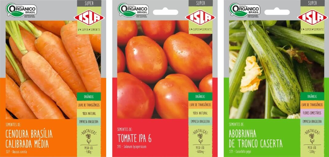 Sementes orgânicas: cenoura brasília, tomate ipa 6 e abrobrinha de tronco caserta. 
