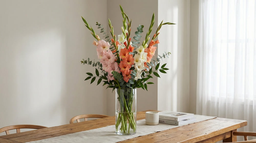 Arranjo floral com gladíolos coloridos - decoração com flores