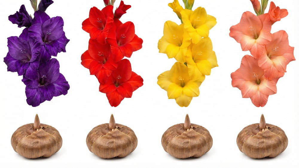 Variedades de gladíolos disponíveis na Plantei - Purple Flora, Traderhorn e Gold Field