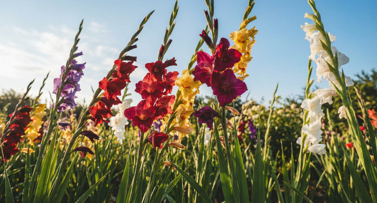 Gladíolos coloridos em um canteiro ensolarado - como plantar gladíolos