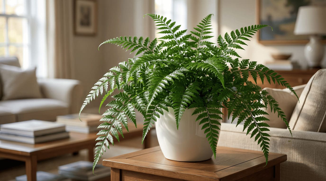 Samambaia Renda Francesa em vaso de cerâmica branco em sala refinada - Tipos de Samambaias