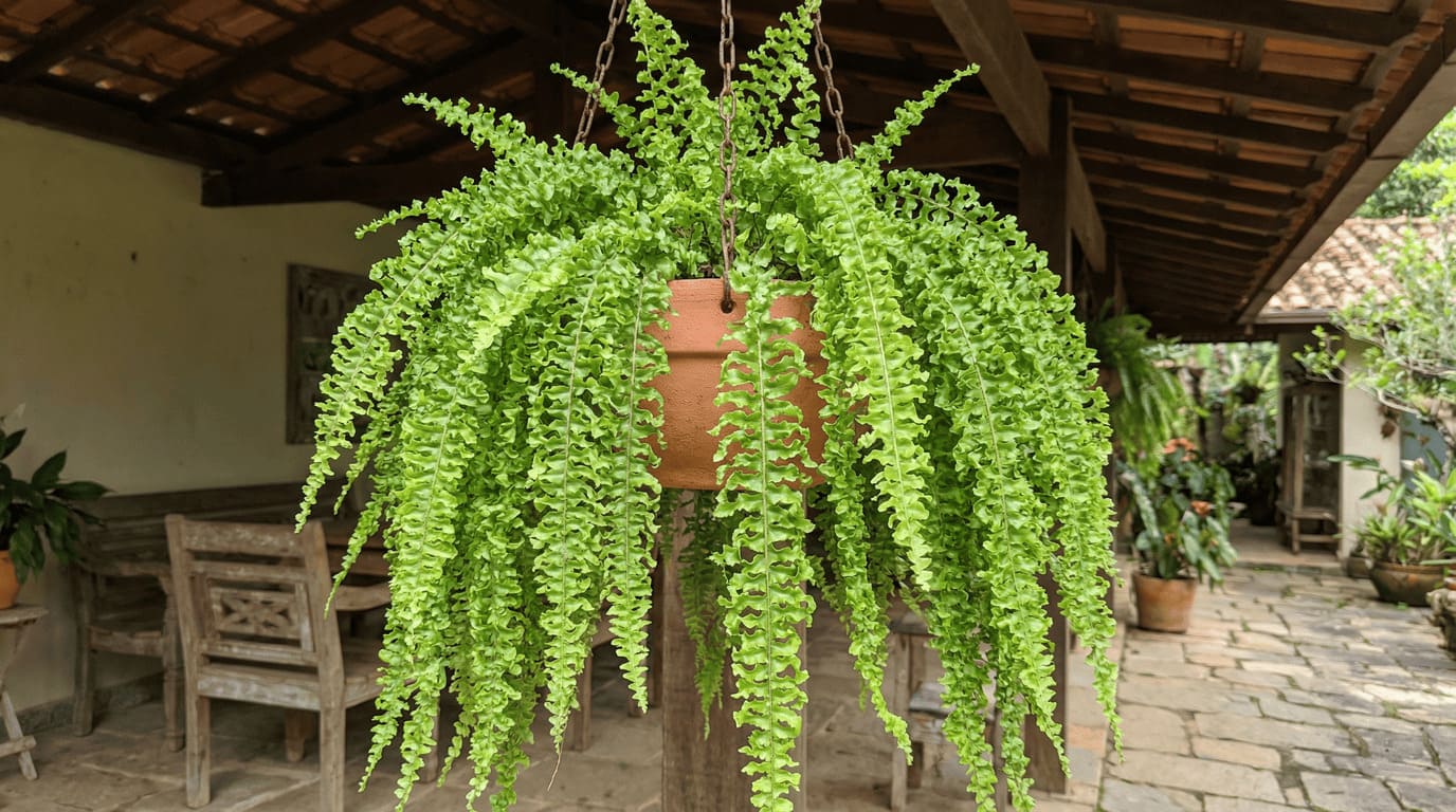 Samambaia Hilli em vaso de terracota pendurado em pátio coberto - Tipos de Samambaias