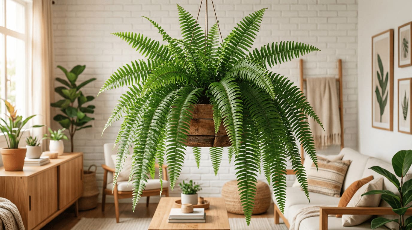 Samambaia de Metro Holandesa em vaso rústico com parede de tijolos - Tipos de Samambaias