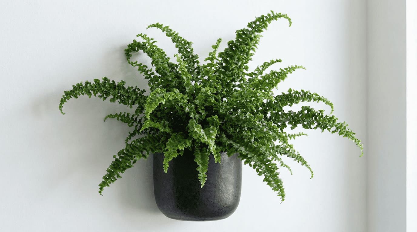 Samambaia Esmeralda em vaso de parede contra parede branca - Tipos de Samambaias