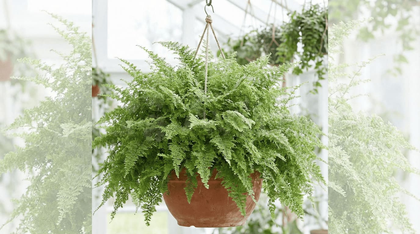 Samambaia Marissa em vaso de madeira clara em prateleira minimalista - Tipos de Samambaias