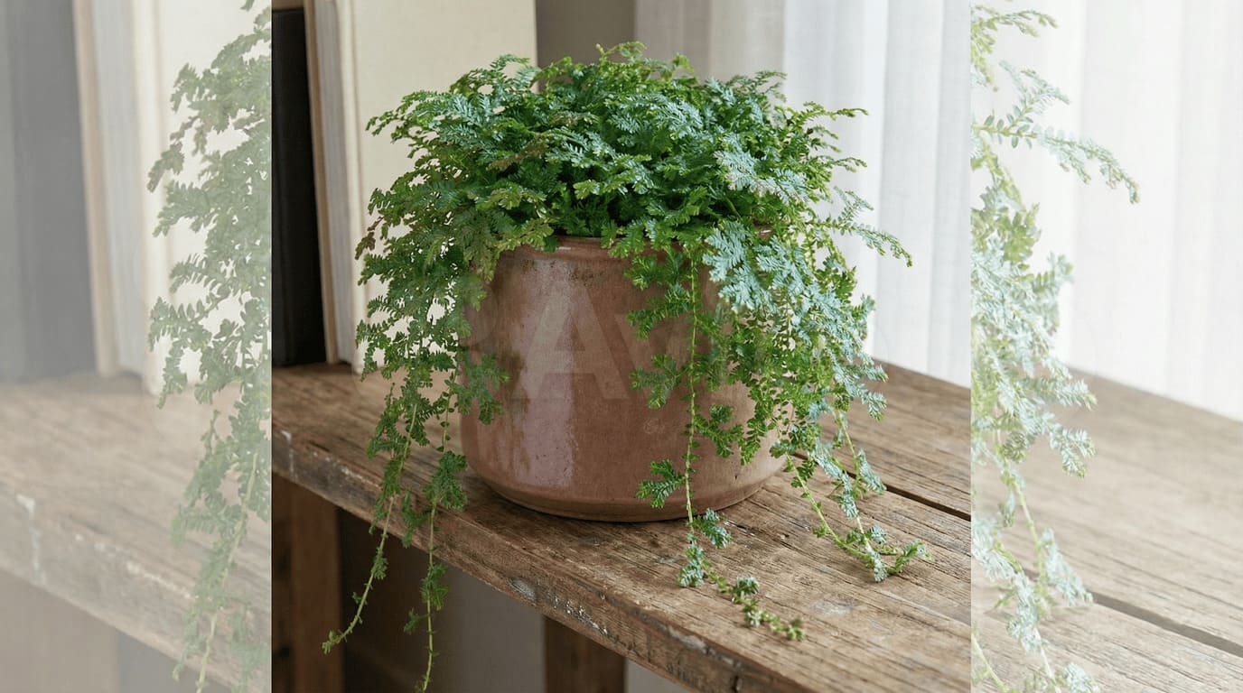 Samambaia Azul em vaso de cerâmica escura mostrando folhas azuladas - Tipos de Samambaias