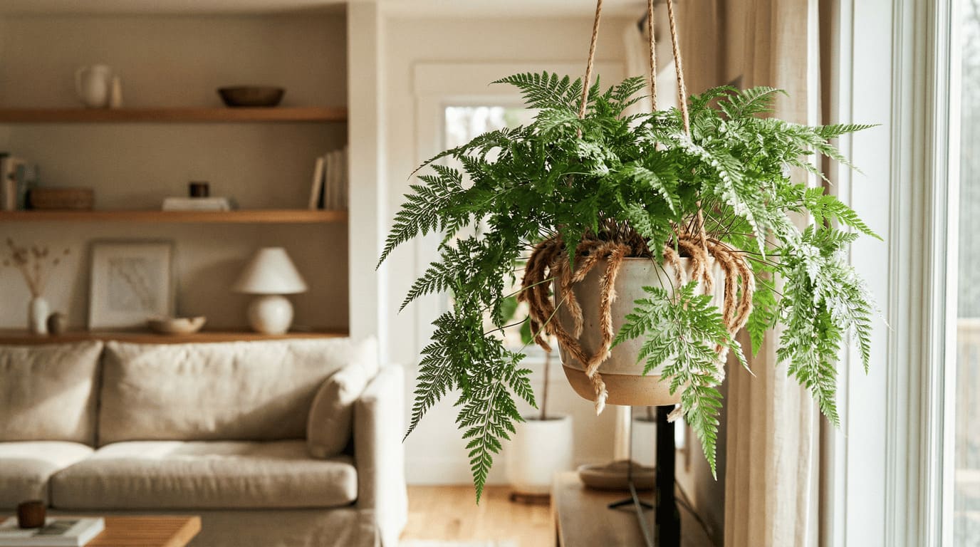 Samambaia Renda Portuguesa em vaso pendurado com folhas rendadas e rizomas - Tipos de Samambaias