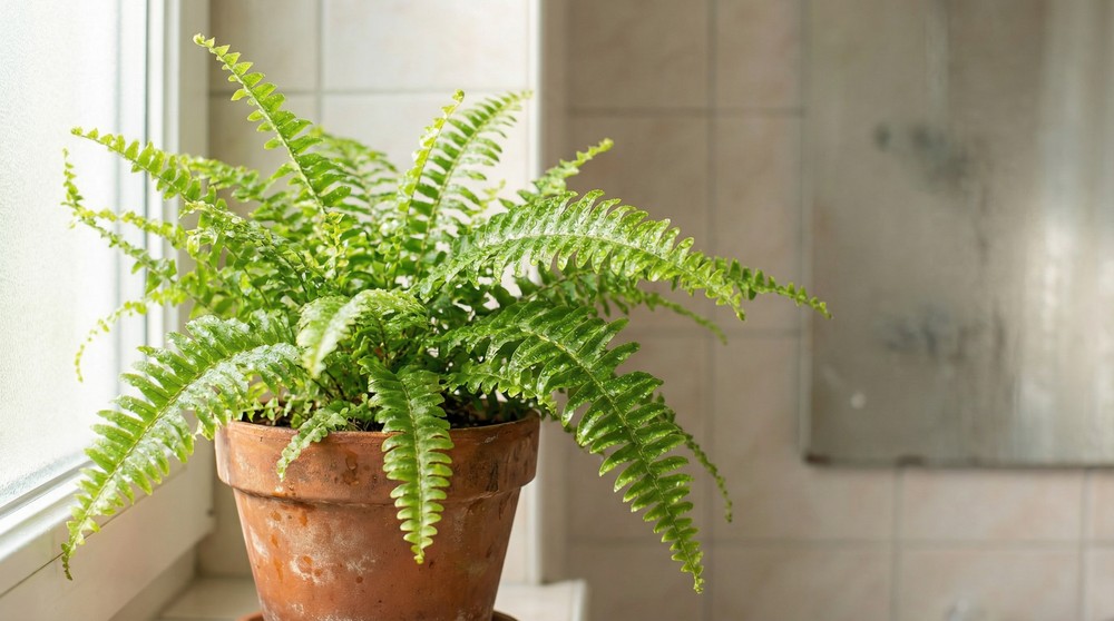 Samambaia americana com folhas verdes e gotas de água - planta ideal para banheiro