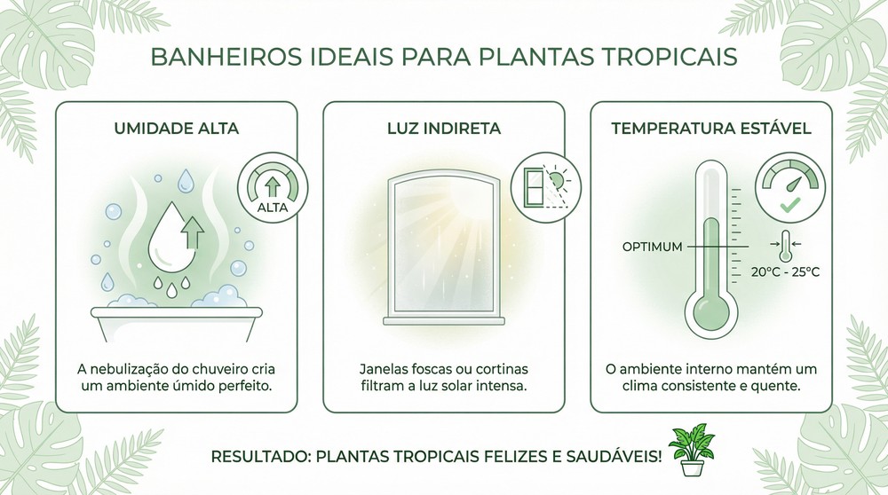 Infográfico mostrando por que o banheiro é ideal para plantas - umidade, luz indireta e temperatura