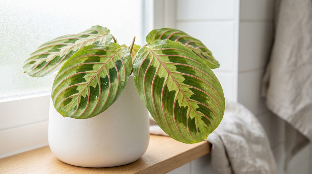 Maranta tricolor com folhas decorativas - planta que ama umidade do banheiro