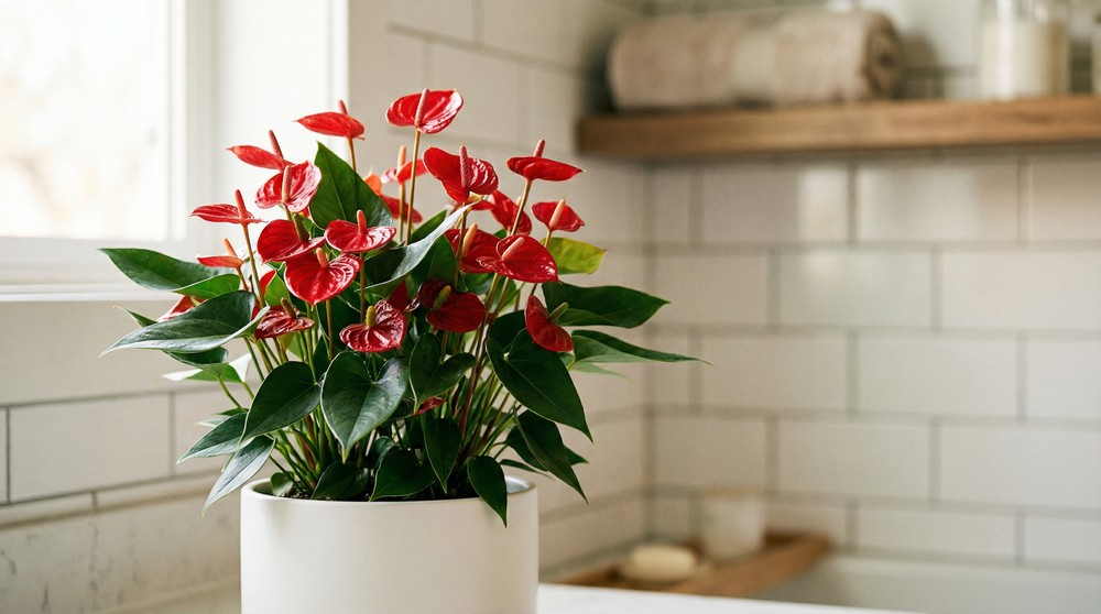 Antúrio Mini Million Flowers com pequenas flores vermelhas - planta compacta para banheiro