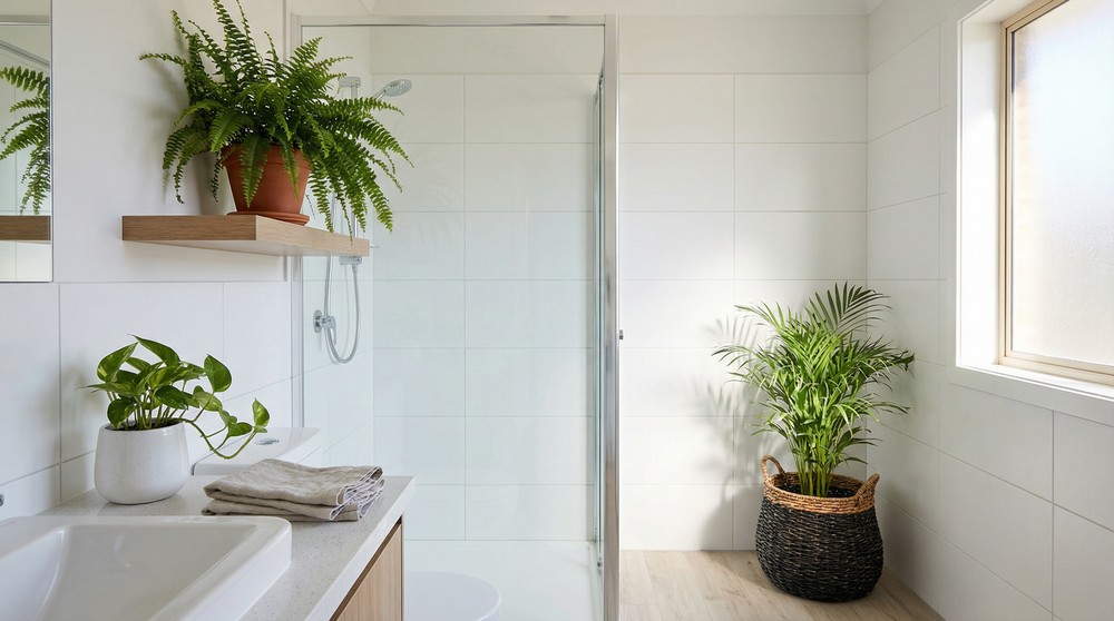 Posicionamento correto de planta no banheiro - em prateleira longe do box