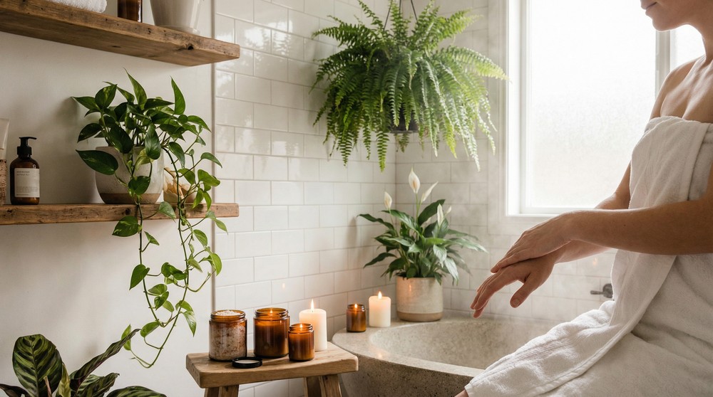 Banheiro com plantas verdes criando ambiente de spa e bem-estar