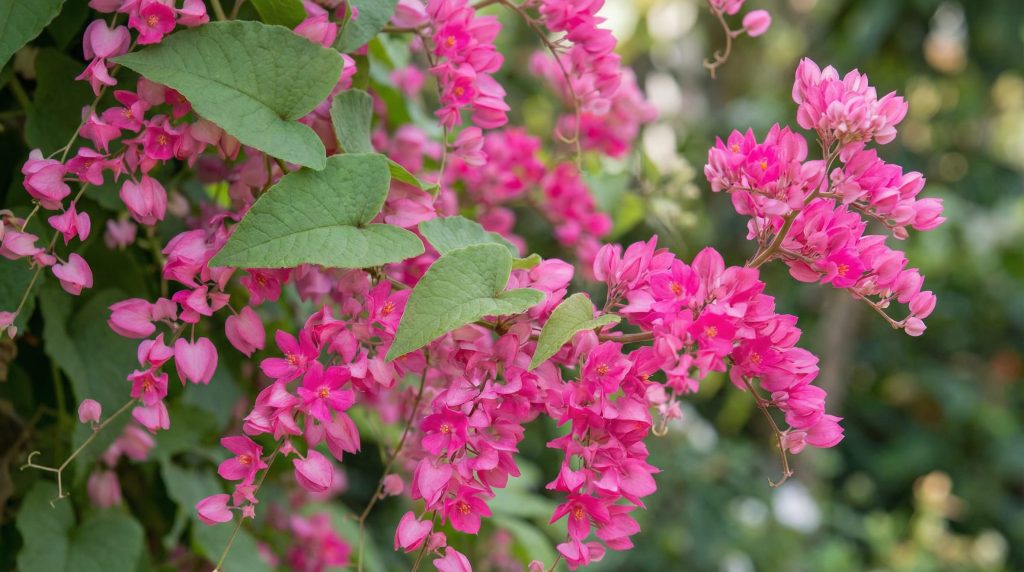 Trepadeira Amor-Agarradinho com flores rosas e folhas em formato de coração