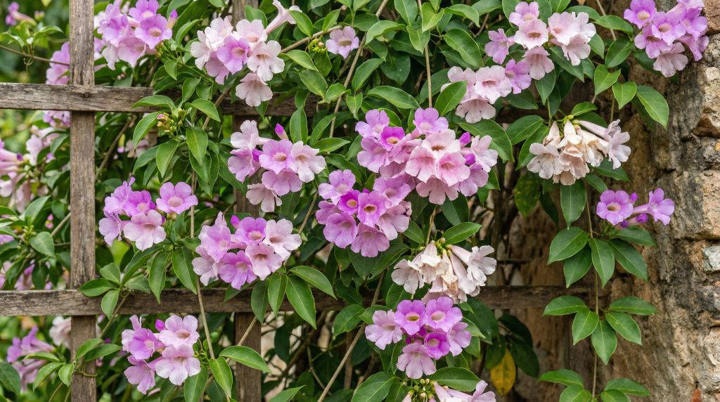 Trepadeira Cipó-Alho com flores lilás e brancas em uma treliça