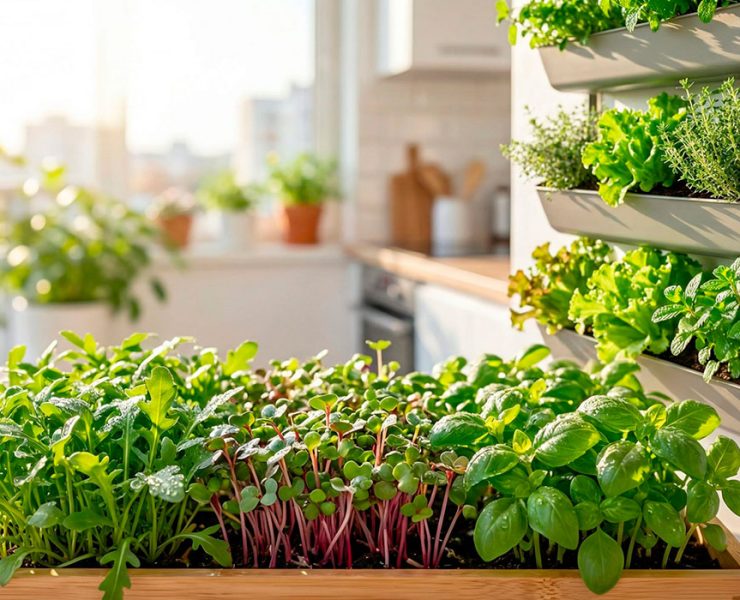 Microverdes frescos e horta vertical em cozinha moderna - alimentação saudável em casa