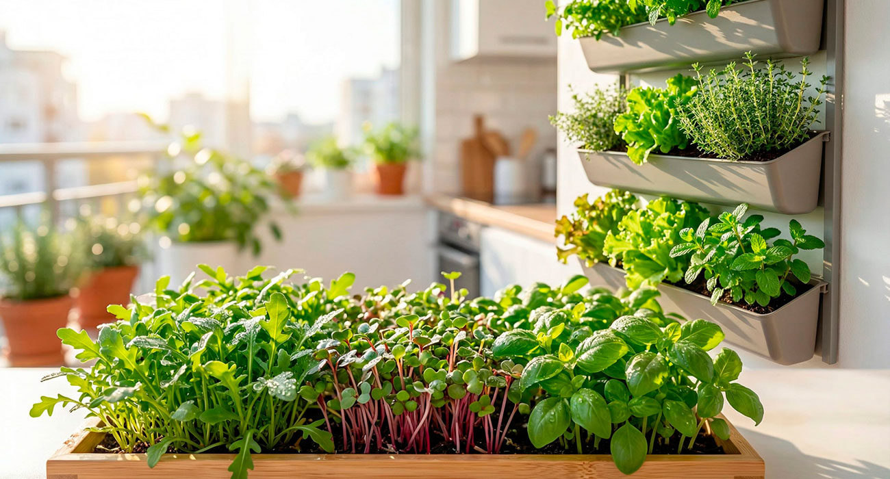 Microverdes frescos e horta vertical em cozinha moderna - alimentação saudável em casa