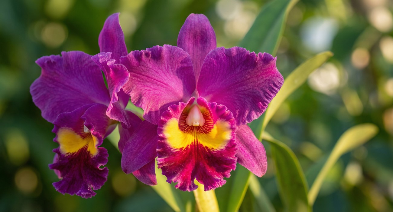 Orquídea BLC em flor com pétalas roxas e labelo amarelo - exemplo de Brassolaeliocattleya