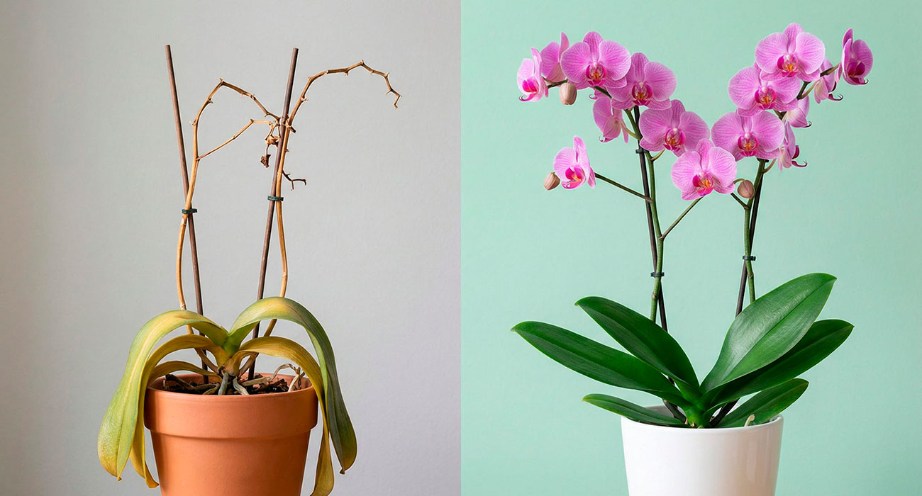 Orquídea doente vs orquídea saudável - antes e depois da recuperação
