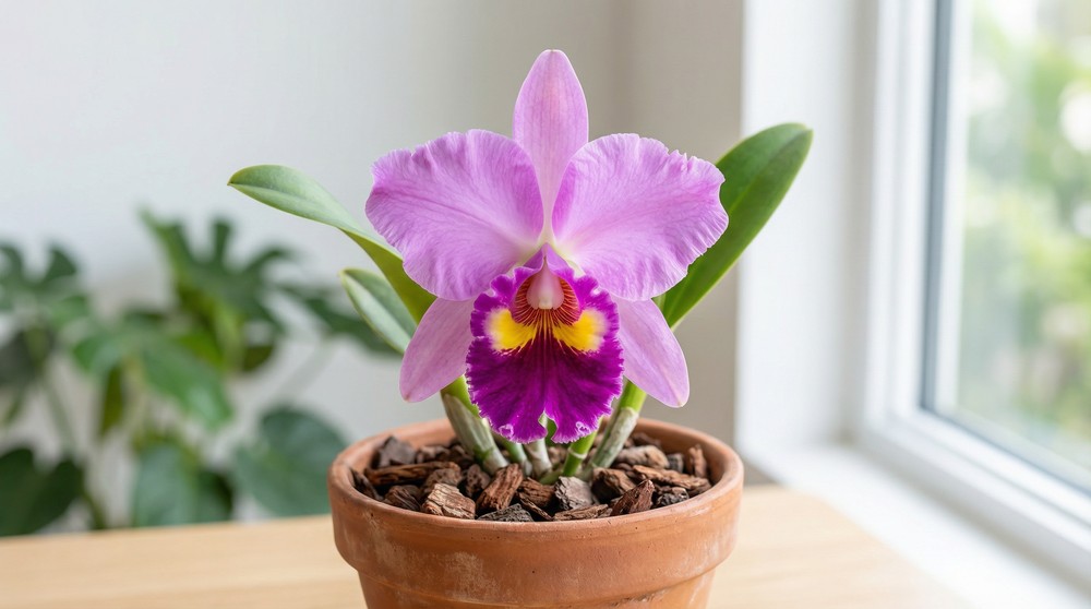 Orquídea Cattleya pura em vaso de terracota com flor rosa e labelo roxo