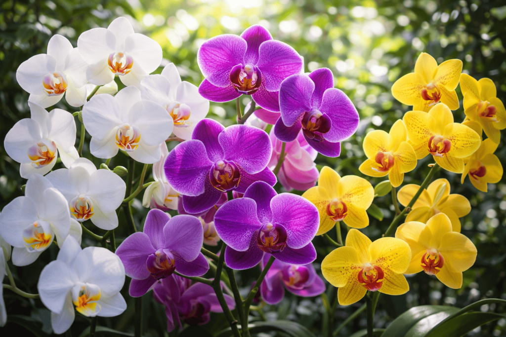 Orquídeas coloridas em plena floração após adubação correta.