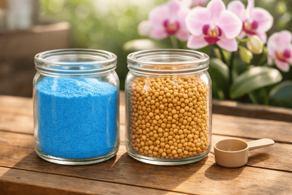 Diferentes tipos de fertilizantes para orquídeas: pó solúvel azul e grânulos de liberação controlada.