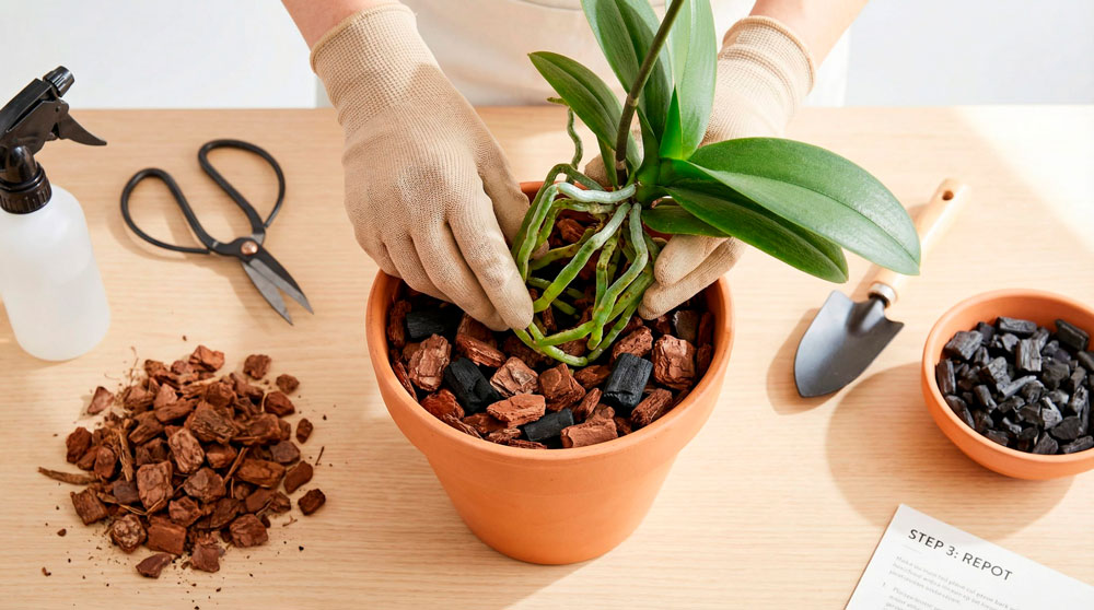 Passo a passo do replantio de orquídea com substrato e ferramentas