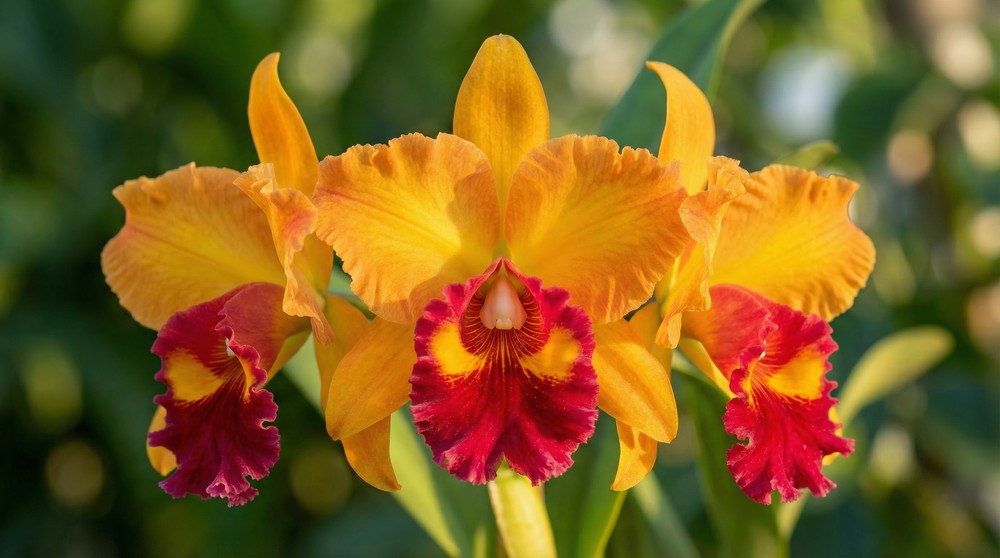 Orquídea LC Laeliocattleya com flores amarelas e labelo vermelho vibrante
