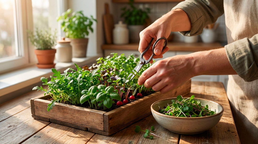 Colheita de microverdes frescos em casa com tesoura - cultivo caseiro de alimentos