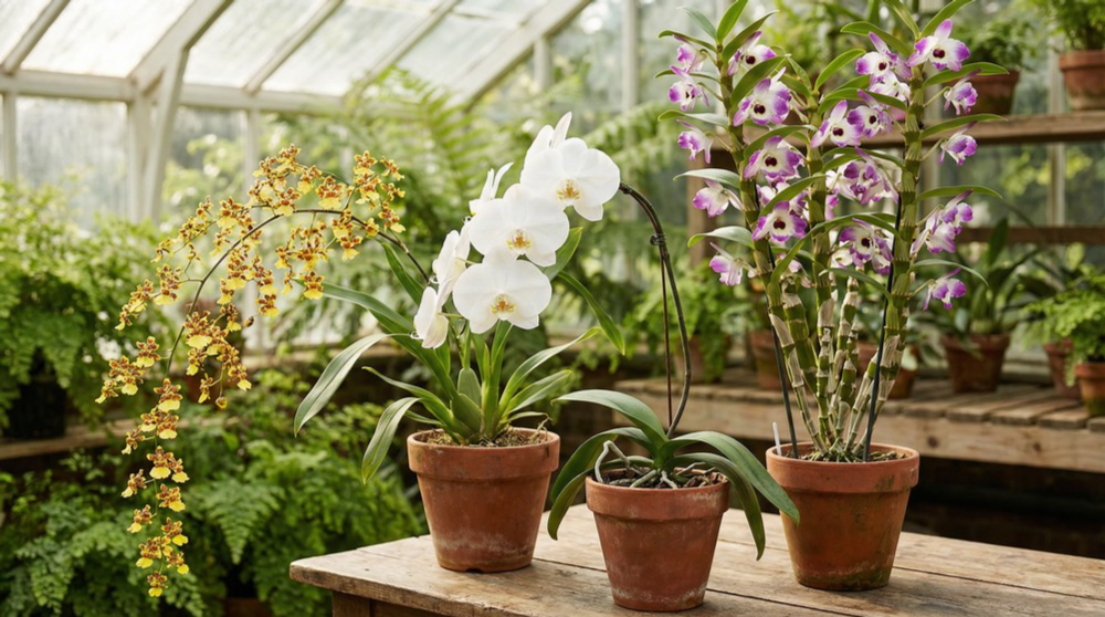 Coleção de orquídeas mostrando Oncidium amarelo, Phalaenopsis branca e Dendrobium roxo