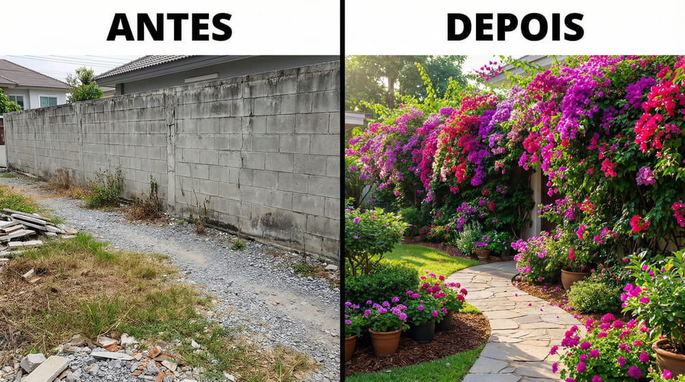 Transformação de muro cinzento para muro florido com primavera - antes e depois