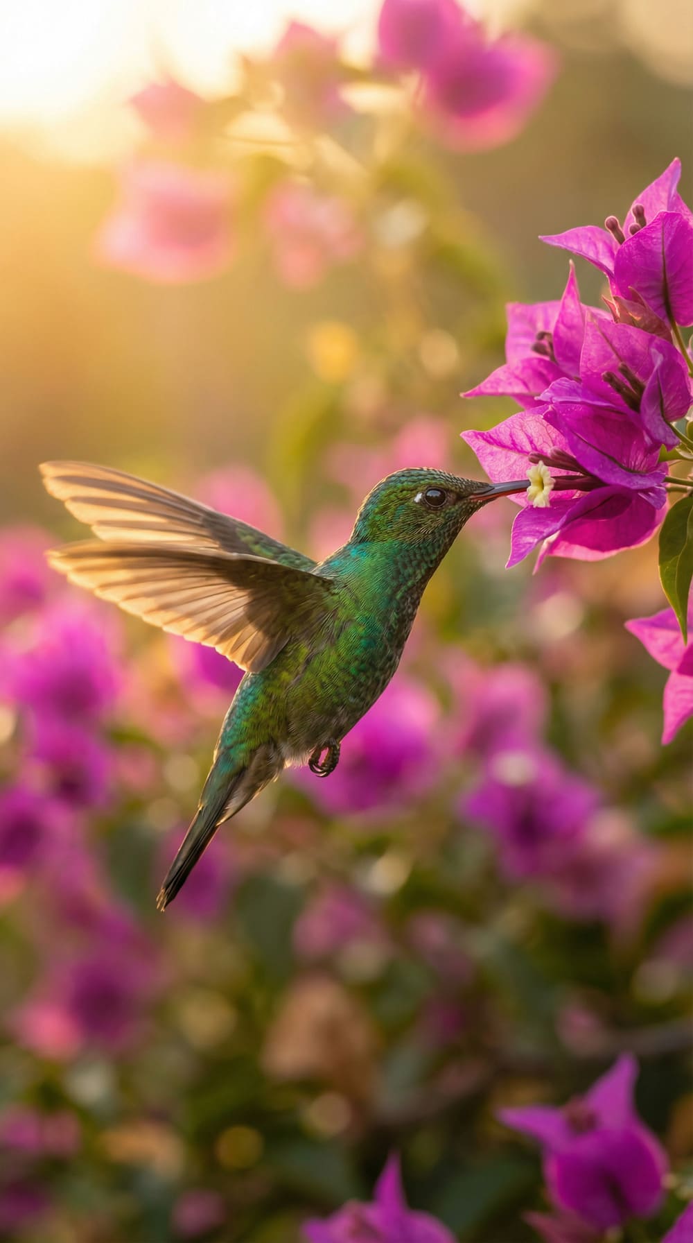 Beija-flor visitando primavera roxa - momento de polinização natural