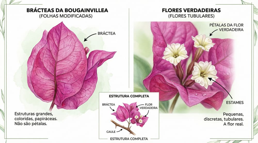 Comparação educacional entre brácteas coloridas e flores verdadeiras da primavera