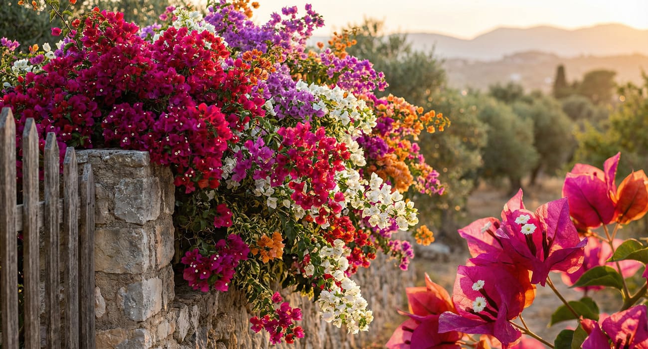 Primavera com flores roxas, rosa, laranja e brancas em muro - Bougainvillea spectabilis