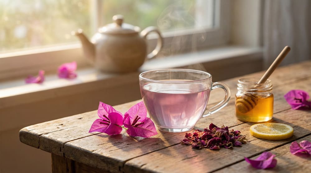 Xícara de chá de primavera com brácteas frescas - benefícios medicinais e para saúde