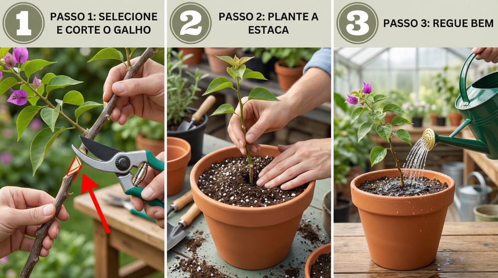 Passo a passo para fazer mudas de primavera por estaca - 3 etapas ilustradas