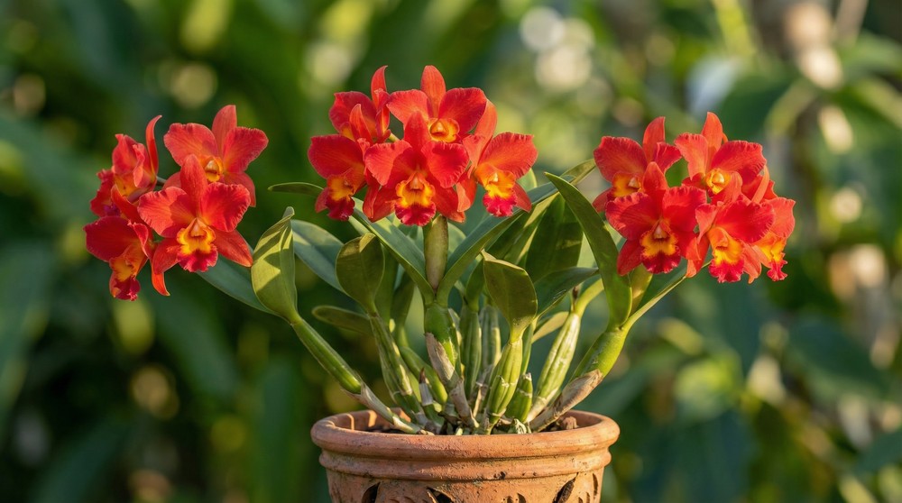 Orquídea SLC Sophrolaeliocattleya compacta com flores vermelho-laranja intensas
