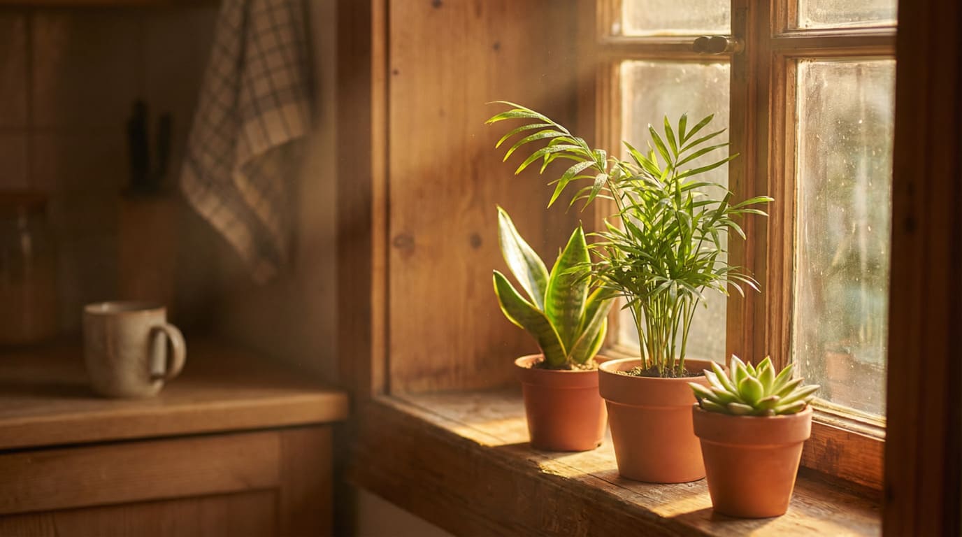 [Luz solar natural entrando pela janela da cozinha, iluminando plantas em vasos]: # "- Plantas para cozinha - Luz natural"