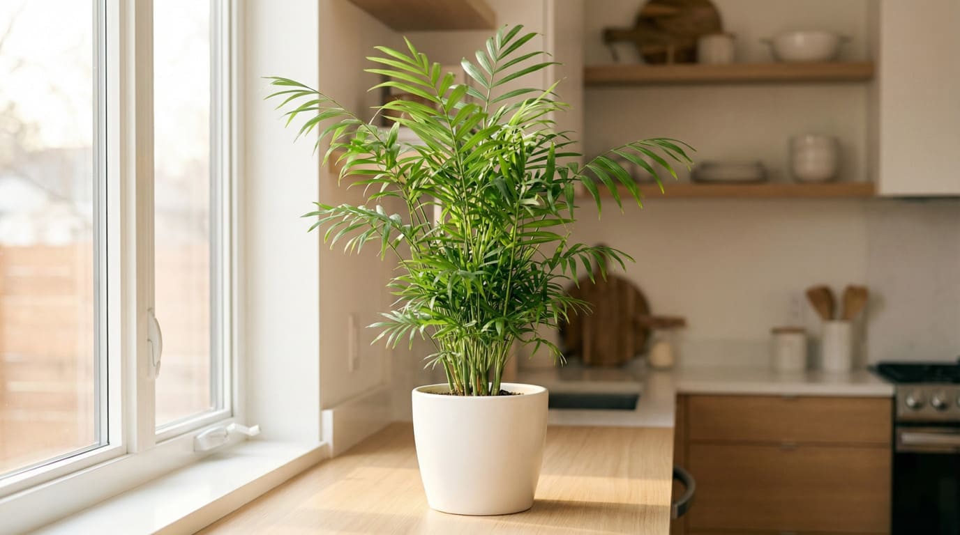 [Palmeira Chamaedorea em vaso na cozinha, com folhagem exuberante]: # "- Palmeira Chamaedorea - Plantas decorativas"