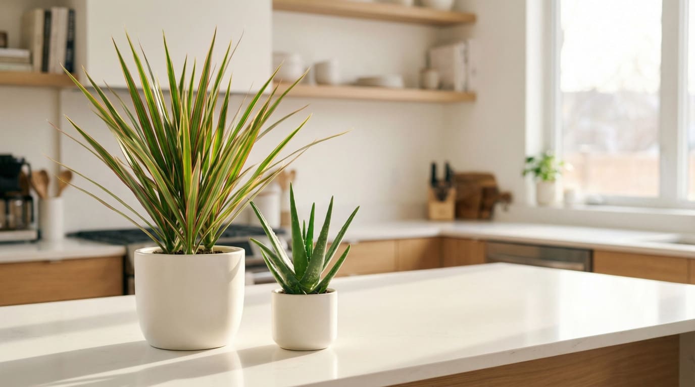 [Dracena e Suculenta em vasos pequenos na bancada da cozinha]: # "- Plantas ornamentais - Decoração"