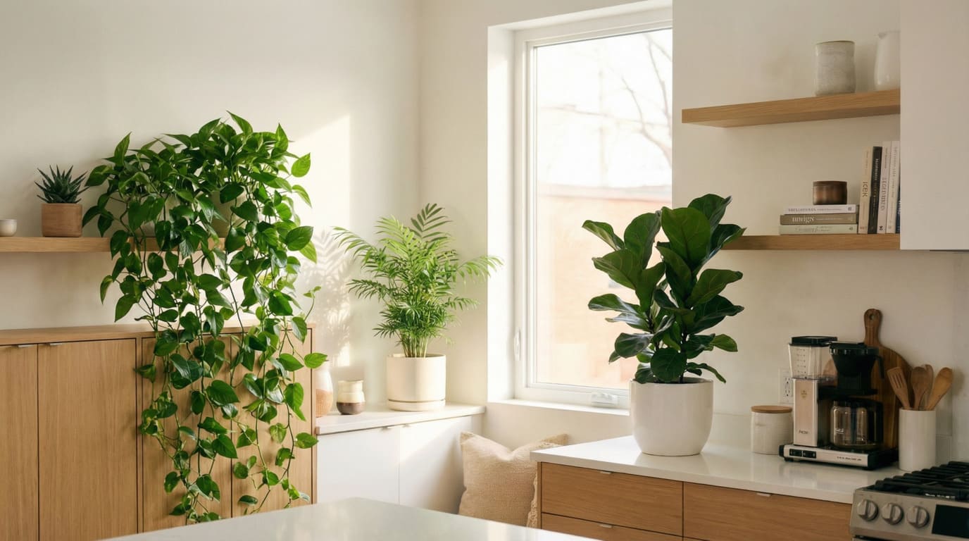 [Jiboia pendente em prateleira de cozinha e Ficus em vaso]: # "- Plantas pendentes - Decoração vertical"