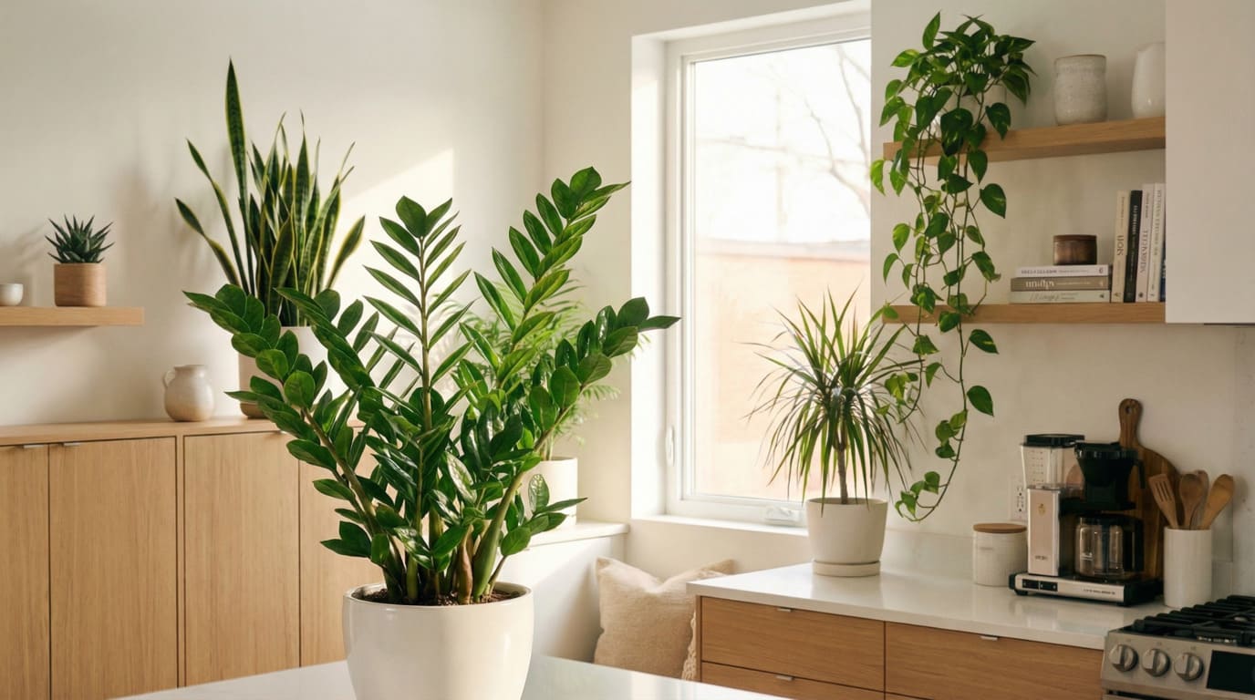 [Zamioculca em vaso elegante na cozinha, com folhagem sofisticada]: # "- Zamioculca - Plantas resistentes"