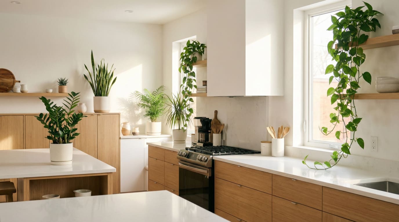 [Plantas posicionadas corretamente na cozinha, longe do fogão]: # "- Posicionamento de plantas - Cuidados"