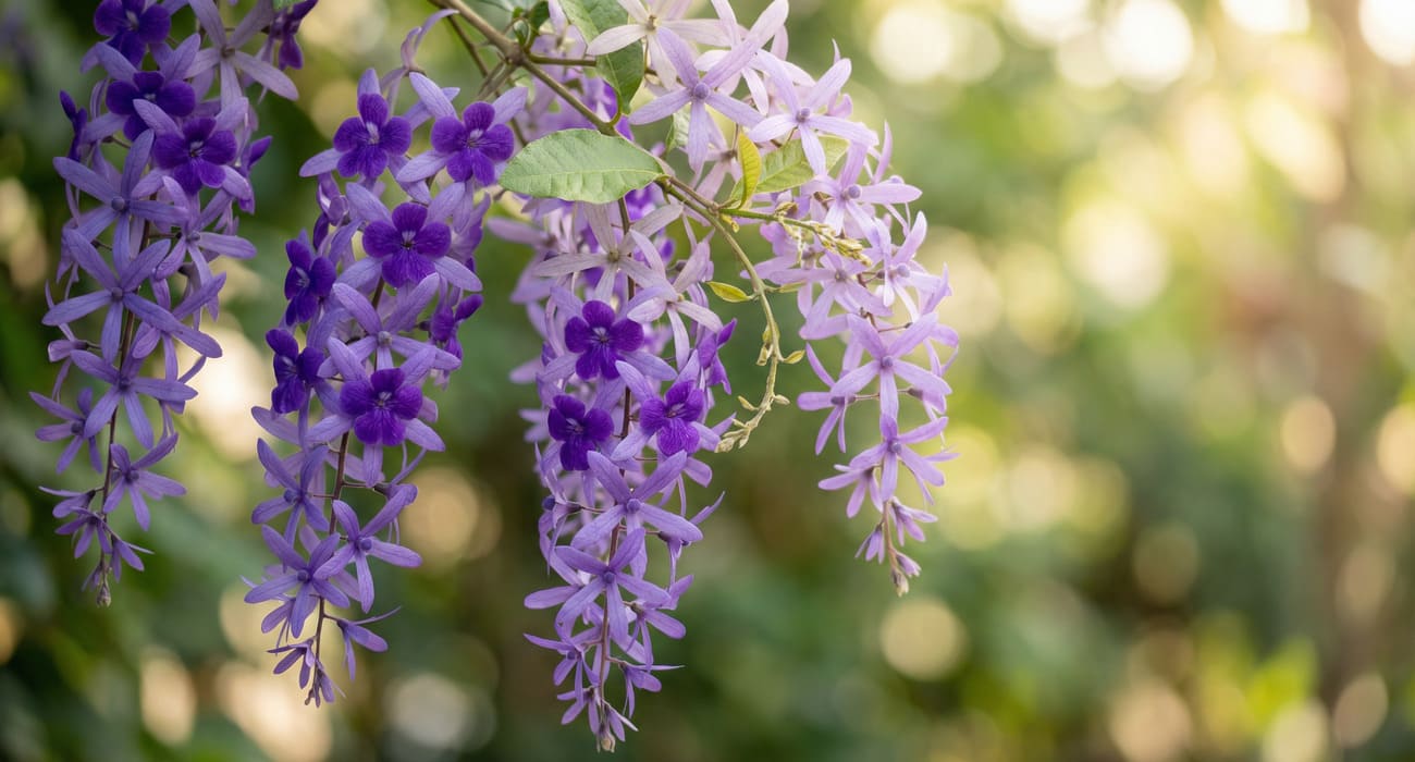 Flor de São Miguel com cachos roxos pendentes em destaque