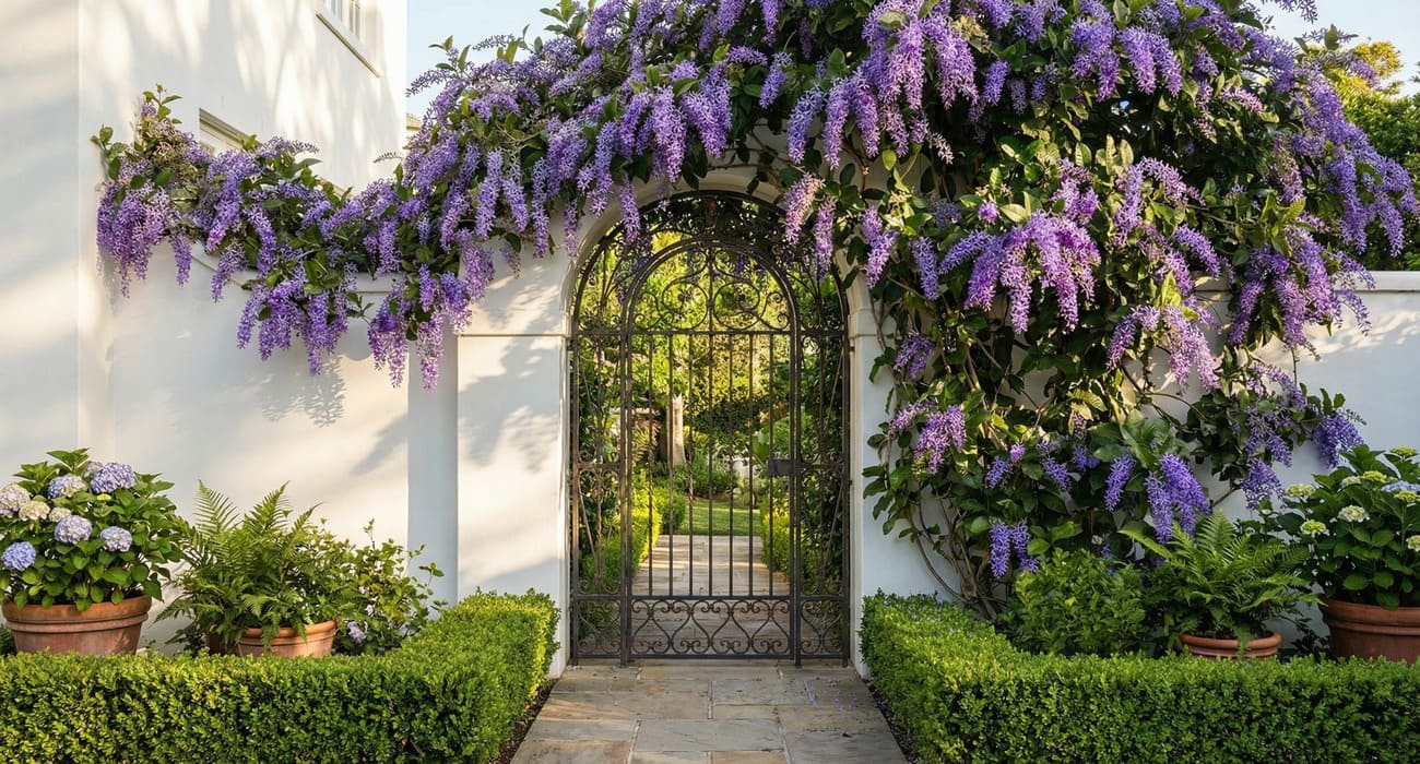 Flor de São Miguel cobrindo muro e portal no jardim